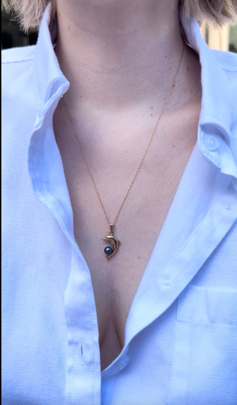 10k Solid Gold Dolphin Pendant w/ Tahitian Pearl