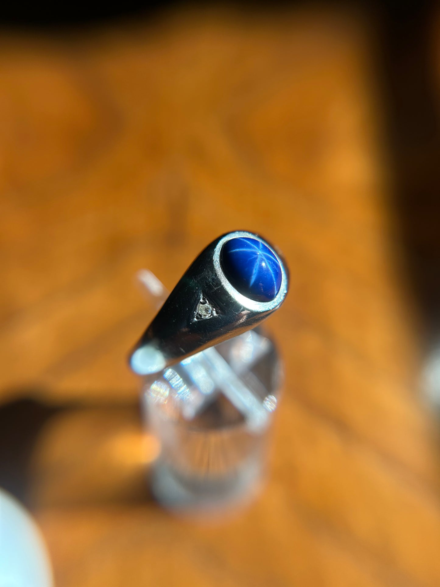 Vintage 10K Blue Star Sapphire Ring in White Gold