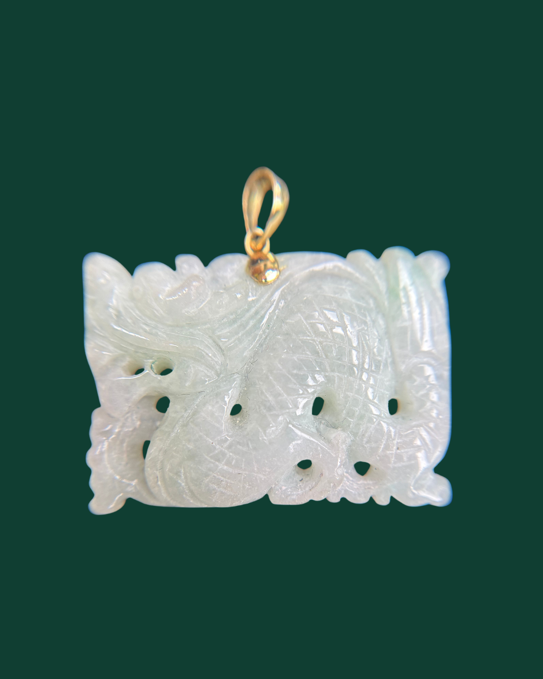 14k Gold Carved Precious Natural Jade Dragon Pendant