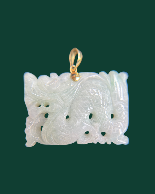 14k Gold Carved Precious Natural Jade Dragon Pendant