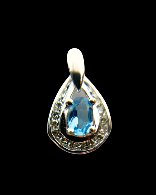 10K White Gold Blue Topaz w/ 12 Diamonds Pendant