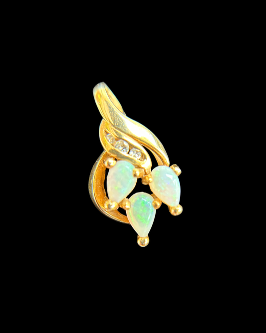 14K Gold Natural Opals w/ 3 Diamonds Pendant