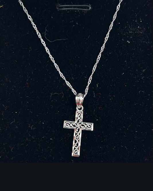 10K Solid White Gold Cross Pendant Necklace