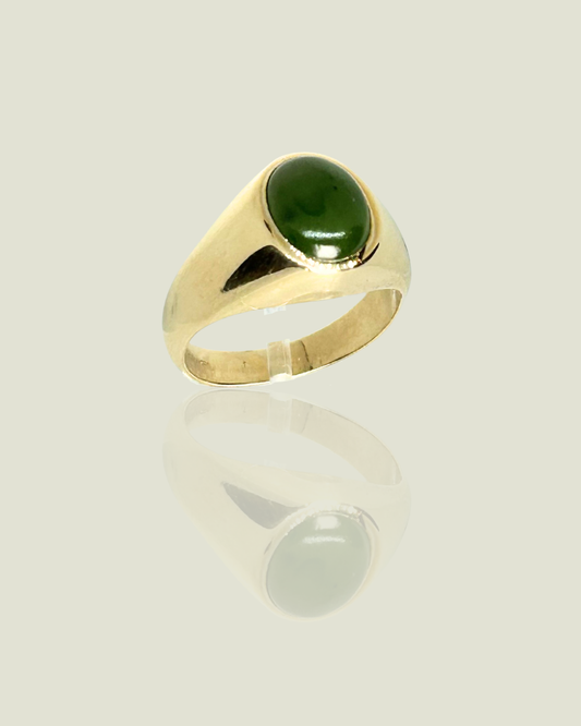 Solid 10K Yellow Gold Genuine Nephrite Natural Jade Ring - Circa 1950s